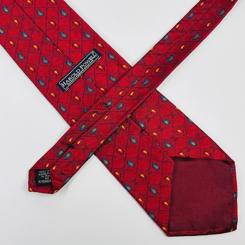 Harold Powell Silk Necktie‎ Mens OS Red Paisley Diamond Handmade Italy Wide Tie